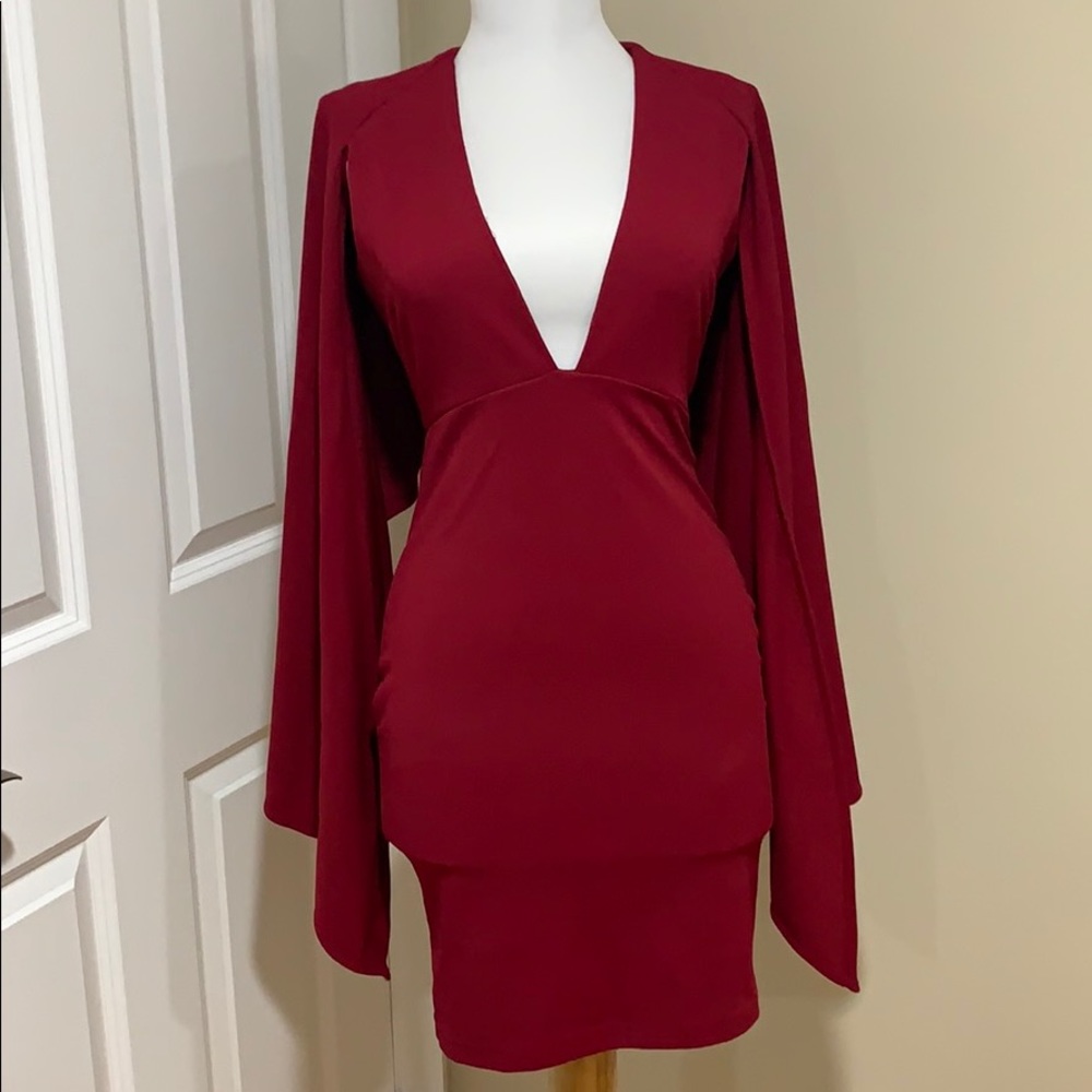 Party cape style dress Burgundy deep v-neck